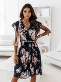 Fongt Explosion Summer Lotus Leaf Side Short-Sleeved V-Neck Digital Printed Dress Woman