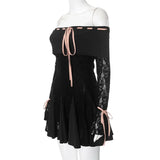 Black Off-Shoulder Lace Sleeve Mini Dress-Outfit