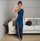 Fongt Summer New Solid Color Collar Folds To Repair Height Open Sexy Long Dress