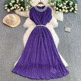 Fongt Luxury Famous Heavy Industry Nail Ball Collar Dress Women Summer Waist Thin 100 Fold Elegant Dress Dress Dress
