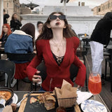 Fongt Sexy Pure Desire V Collar Knitted Shirt Girl Autumn New Hottie Temperament Lace With Long-Sleeved Top