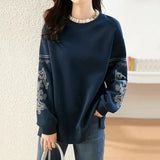 Color Printed Thick Sweatshirts Women's Clothing Autumn Winter Korean Patchwork Loose Long Sleeve Lace Round Neck Pullover-Outfit