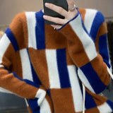 Autumn Winter Casual Geometric Patchwork Sweaters Women's Clothing Fashion Contrasting Colors Round Neck Knitted Jumpers-Outfit