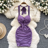 Fongt Wind Hanging Neck Sling Dress Women Summer Shiny Folds Design Ass Short Skirt