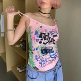 Retro Graffiti Print Pink Camisole Vest 2024 Summer New Slim Fit Tank Top Y2k Aesthetics Bottoming Tops Women-Outfit