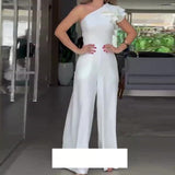 Fongt Summer New Fashion Inclined Shoulder Collar Waist Solid Color Wide Leg Jumpsuit Woman-Outfit