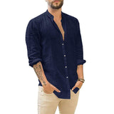 Fongt Men's New Linen Cardigan Pure Color Casual Collar Long-Sleeved