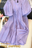 Summer Women's Purple Short Bubble Sleeve Round Neck Elegant Dresses Spring Casual Loose Mini Dresses Ladies
