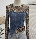 Fongt Shooting Fashion Leopard Tard Tard Babes Mesh Splicing Denim Irregular Bottom Shirt Short Top 2617