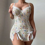 White Floral Print Baby Doll Night Dress Lingerie-Outfit