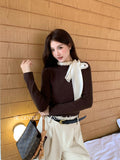 Fongt Xixi 2025 Autumn White Standard Korean Version Of Elegant Temperament Solid Color Tie With Thin Knitted Shirt Top Female 25430