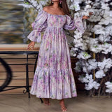 Women Elegant Pattern Print Party Dress Autumn Sexy Slash Neck Backless Dress Ladies Casual Long Sleeve Ruffle Beach Long