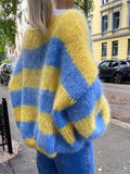 Fongt And Winter New Round-Necked Collar Sweater Knitted Jersey Lazy Loose Gradient Stripe Bump Top