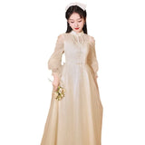 Fongt Chinese Adult Ceremony Collared Cheongsam Evening Dress Student Vocal Art Exam Dress 2025 New Long-Sleeved Dress