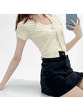 Sweet Cute Crop Top Pullovers Summer Short Sleeve Vintage Streetwear T Shirt Women Skin Button Prepply Korean E-girl