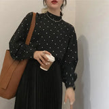Fongt Chic French Retro Black And White Wave Half High Collar Loose Bubble Sleeve Bottom Shirt Topess
