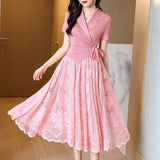 Elegant Commuter Mosaic Midi Pleated Dress Short Sleeve Lapel Elegant Dress Embroidered Mesh Splice Beaded Premium Dress-Outfit