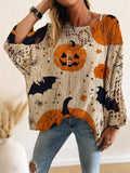 Fongt Summer And Autumn Four-Four Words Collared Linguum Bat Pumpkin Bat Halloween Print Long-Sleeved Lady Leisure
