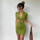 Hollow Out Sexy Party Bodycon Woman Mini Dress 2023 Summer Turn Down Collar Short Sleeve Robe Women's Dresses 703-1-Outfit