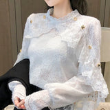 Crochet Lace Blouse Women Chic Ruffle Lace Stitching Shawl Ladies Stand Collar Tops 2023 Spring Long Sleeve Slim