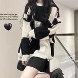 Korean Style Plaid Cute Oversize Sweater Womens Harajuku Hollow Out Knitted Crewneck Jumper Pullover Female Sweat