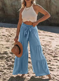 Fongt Women's Fashion Temperament Strap Spliced High-Waisted Folds Broad Leggings Casual Loose Trousers