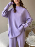 Women Knitted Suit Warm Solid Split Pullovers and Wide Pants Two-piece Suit Female Half Turtleneck Oversize Tracksuit-Outfit
