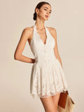 Fongt New Women's White Lace Dress French Sleeveless Hanging Neck V-Neck Dress
