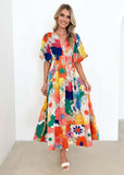 Fongt Women's Summer New Flower Print Bubble Sleeve A-Shaped Long Dress Temperament Dress