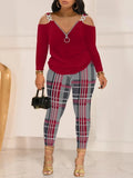 Autumn And Winter Women's Wear New Shoulder Spliced Long-Sleeved Printed Trousers Two Sets-Outfit