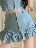Denim Two Piece Suits Women Sexy Love Pocketshirt Crop Tops Mini Ruffles Skirts Outfits Female Elegant Cowboy 2 Piece Set-Outfit