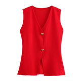 Fongt Women's Solid-Colored Gold Button-Wear Knitted Vest Top