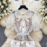 Fongt Court Feng Sleeve Lace Dress Hollow Hook Butterfly Tie Sling Temperament Elegant Dress