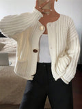 Fongt Round-Necked Woman Design Sense Three-Plocked Pocket Long Sleeve Sweater French Cardigan Coat