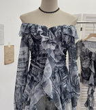 Fongt Shooting Retro Shoulder Tie-Dye Net Horn Long-Sleeved T-Shirt Irregular Lotus Leaf Side Ribbon Y2k Top 8012