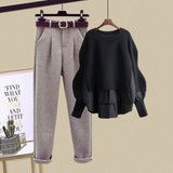 Women Pullover Knitted Patchwork Tops And Tweed Long Pants Sets Spring Female Two Piece Set Korean Casual Women Outfits