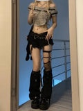 American Black Jeans for Women Y2k E-Girl Low-waisted Hole Denim Pants 2024 Summer New Straight Wide Leg Shorts-Outfit
