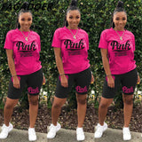 Summer Casual PINK Letter Print Two Piece Sets Women Short Sleeve Top And Skinny Pants Tracksuits Famale 2pcs