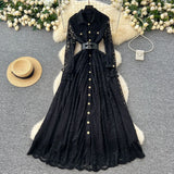 Fongt Wear Women's Dress 2025 New Retro Elegant Single-Drace Buckle Waist-Repair Temperament Lace Dress