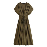 Fongt Summer New Women's Folding Shoulder Short-Sleeved Fan Flute Long Dress