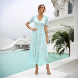 Fongt New Dress Spring Lace Mid-Swear Temper Commuting High-Waisted Green V-Neck