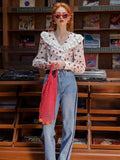 Style Spring Summer Floral Top Loose V-neck Casual Long Sleeve Women White Shirts Elegant Blouses
