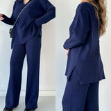 Fongt Autumn New Fashion Solid Color Loose Under The Pended Fork Knit Shirt Two Sets Of Women