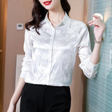 Silk Women's Blouses Shirts Long-sleeved Top Jacquard Satin Woman Shirt Solid Button Print Blouse Elegant Women