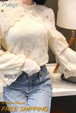 Crochet Lace Blouse Women Chic Ruffle Lace Stitching Shawl Ladies Stand Collar Tops 2023 Spring Long Sleeve Slim
