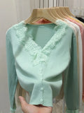 Sweet Soft Wool Cardigan Slim Women Patched Lace V Neck Full Sleeve Solid Color Autumn Spring Sweater Shirts-Outfit