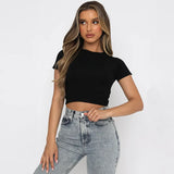 Fongt Fashion Solid Color Short Crop Casual Jacket Elastic Slim Round Collar T Shirt