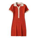 Knit Short-sleeved Orange Tight-fitting Hip Chic Female Dress Sexy Lapel Short Sleeve Western Women's