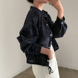 Vintage Plaid Print Crop Long Sleeve Blouse-Outfit