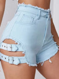 Fongt Trendy Hottie Sexy Retro Hairy Side On Both Sides Of The Hollow Can Adjust Denim Super Shorts Hot Pants